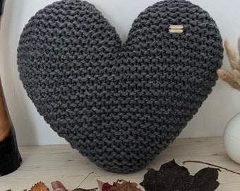 Handmade Hand Knitted Dark Grey Heart Shaped Decorative Cushion Throw Pillow 30 x 30cm | Gift | Homeware | Home Decor | Birthday