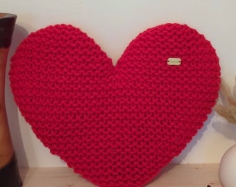 Handmade Hand Knitted Red Heart Shaped Decorative Cushion Throw Pillow 30 x 30cm | Gift | Homeware | Home Decor | Birthday | Mother's Day