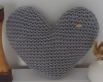 Handmade Hand Knitted Light Grey Heart Shaped Decorative Cushion Throw Pillow 30 x 30cm | Home Decor | Homeware | Gift | Mothers Day