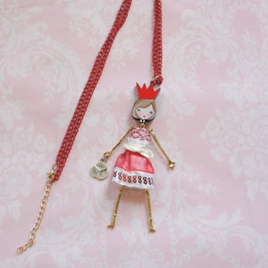 RED FRENCH DOLL pendant, doll necklace with a pink dress, little girl pendant, Girl teen gift, metal necklace, cute, funny jewelry