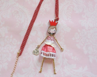 RED FRENCH DOLL pendant, doll necklace with a pink dress, little girl pendant, Girl teen gift, metal necklace, cute, funny jewelry