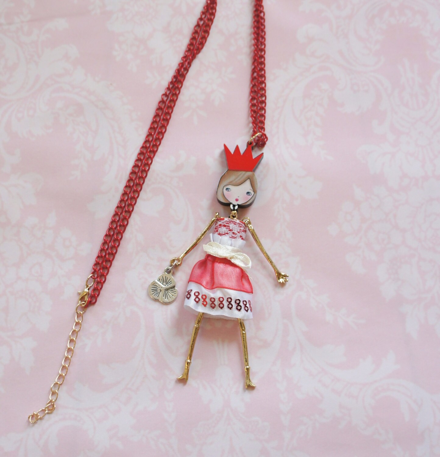 RED FRENCH DOLL Pendant, Doll Necklace With a Pink Dress, Little Girl