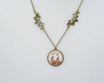 DEER glass cabochon pendant, Kawaii Necklace, Cute Necklace, Girly pendant, cabochon glass necklace. Vintage pendant.  forest necklace