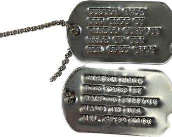 WW2 / Vietnam Era Notched Military Personalized Dog Tag Set (2 Stainless Steel Tags, 1 - 30 Inch Chain, 1 - 4 Inch Chain, Made in USA)