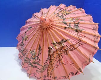 Vintage Asian Pink Oil Paper Umbrella Parasol with Birds