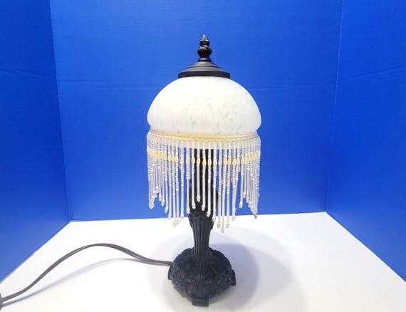 Vintage Frosted Glass Table Lamp with Hanging Beaded Fringe