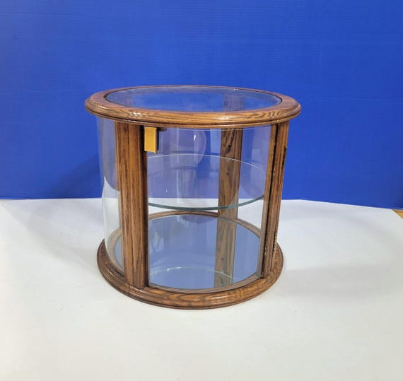 Vintage Round Wood Display Cabinet with Glass Shelves 14 x 16
