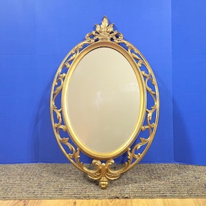 Vintage Syroco Gold Oval Acrylic Mirror with Open Ornate Border 29 x 17.75"