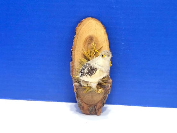 Vintage Feather Bird on a Slice of Wood Magnet