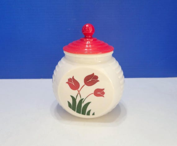 Vintage Fire King Vitrock Red Tulip Grease Jar
