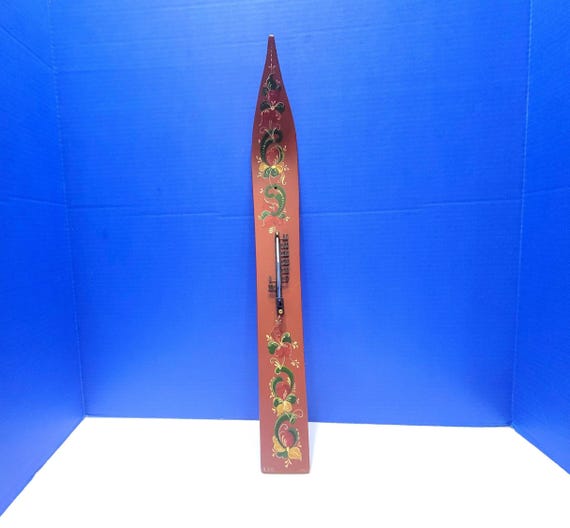 Vintage Norwegian Red Wood Ski Shaped Thermometer Painted Rosemaling