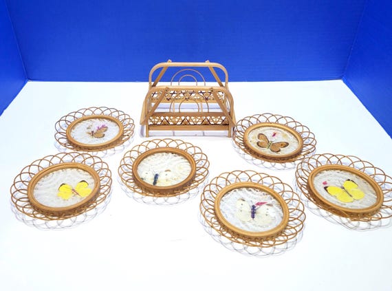 Vintage Bamboo Wicker Authentic Butterfly Coasters in Basket