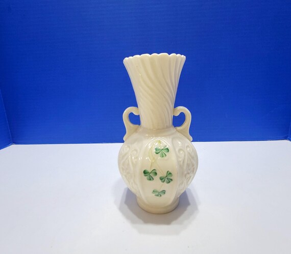 Vintage Belleek Irish Parian Shamrock Double Handle Vase