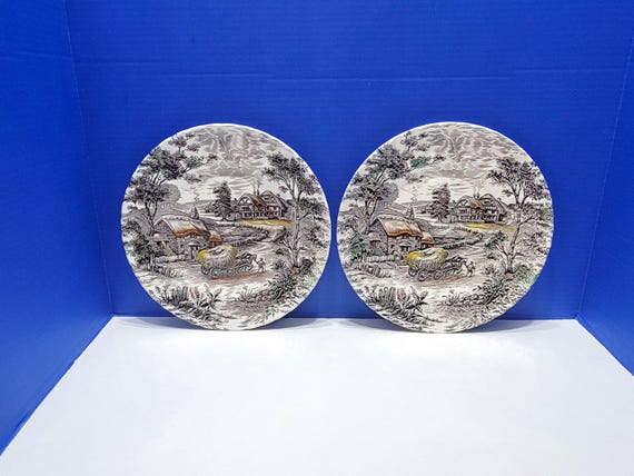 2 Vintage Yorkshire Ironstone Staffordshire England Farm Scene Dinner Plates