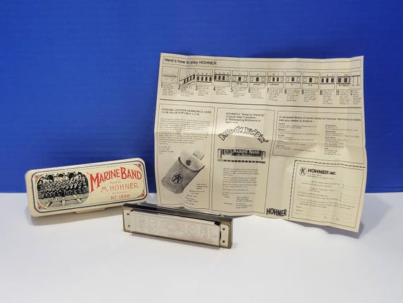 Vintage M. Hohner Marine Band Harmonica Key of D in Original Box with Instructions.