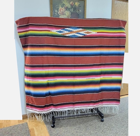 Large Vintage Striped Mexican Serape with Red Background