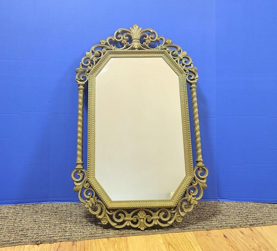 Vintage Dart Gold Acrylic Wall Mirror with Columns and Ornate Filigree 28 x 17