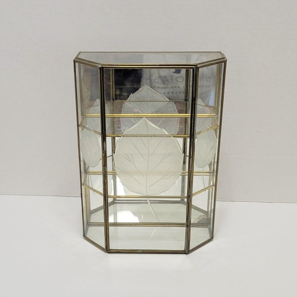 Vintage Brass and Glass Mirrored Curio Cabinet Display Curio Shelf with Etched Leaves