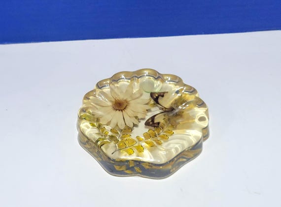 Vintage Lucite Shell Shaped Dish with Dried Butterfly Inside