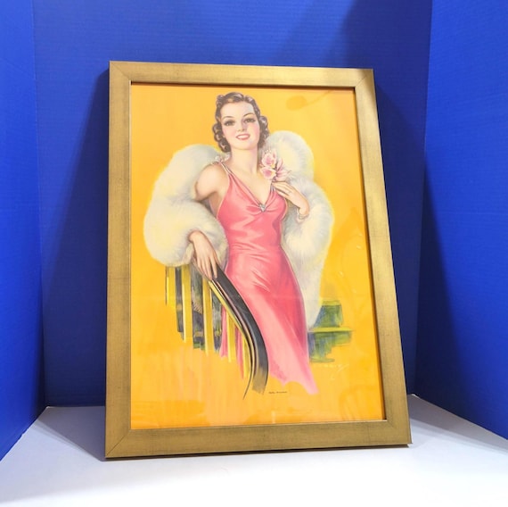 Vintage Glamour Girl Pin Up Picture in Pink Dress with Fur Framed 22 x 16