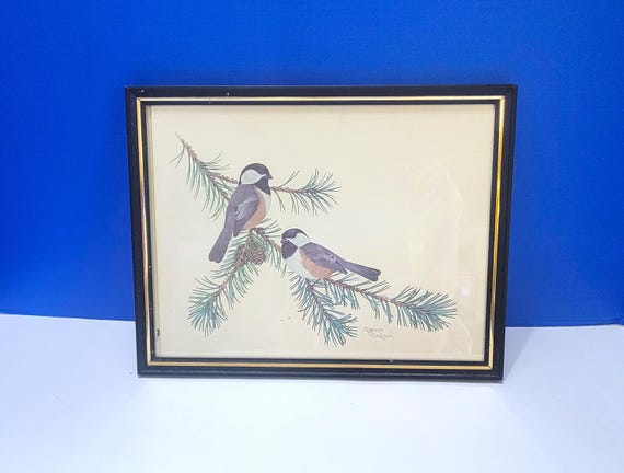 Vintage Sherm Pehrson Chickadees Birds on Branch Print Framed 11 x 8 5/8