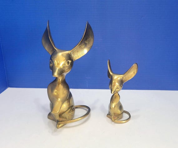 Pair Vintage Midcentury Solid Brass Mice Figurines with Large Ears
