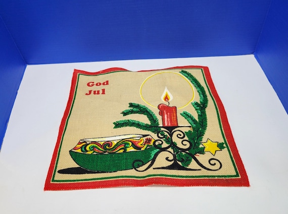 Vintage God Jul Swedish Merry Christmas Burlap Table Linen