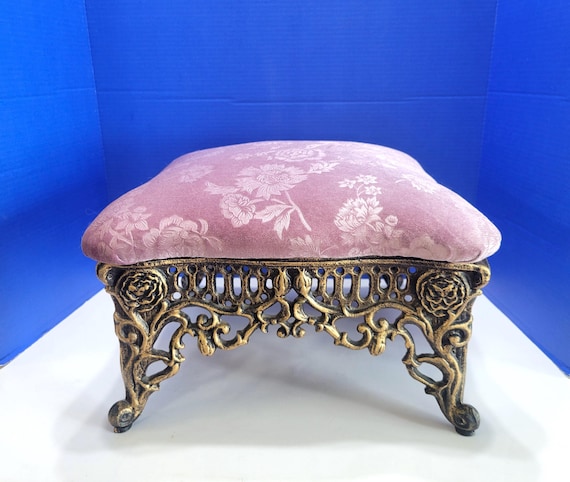 Antique Gold Cast Iron Foot Stool with Purple Velvet Upholstery