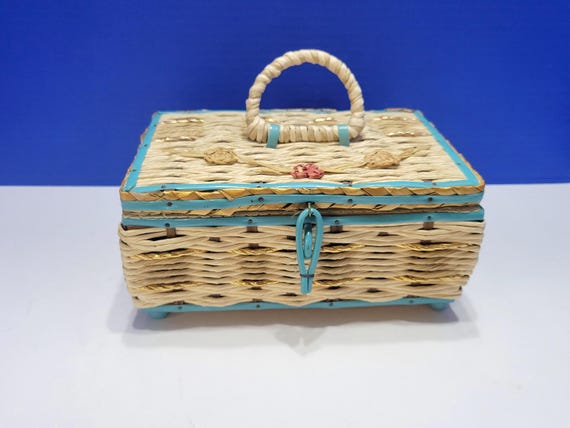 Vintage Small Wicker Sewing Basket with Blue Trim