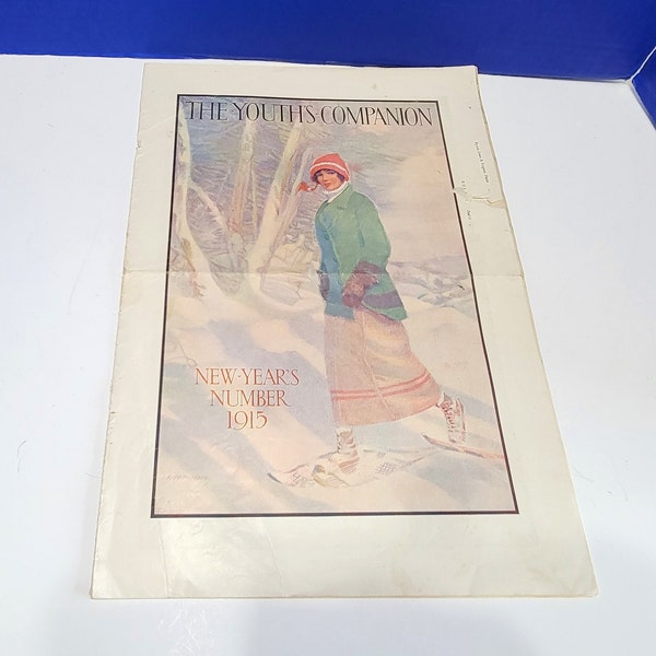 1915 Antique The Youth's Companion Magazine New Year's Cover Snowshoeing