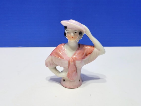 Vintage Ceramic Half Doll Wearing Pink Outfit Short Black Hair