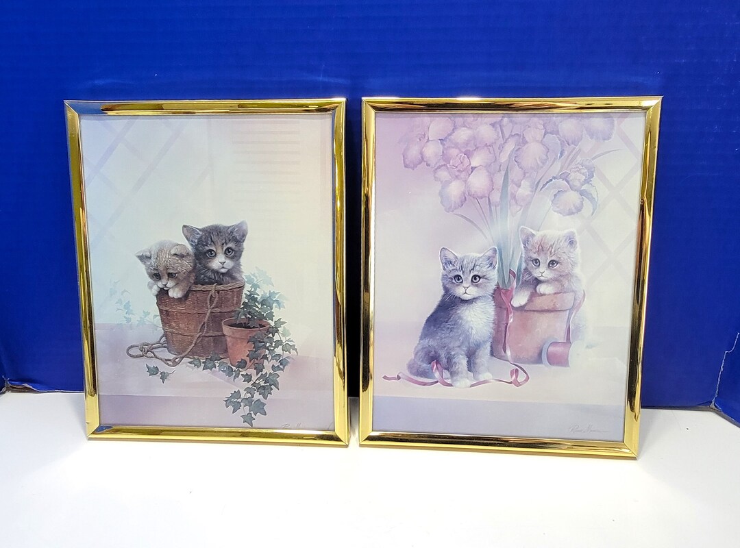 Pair Vintage Cat Prints in Gold Frames by Rue Manning 10 X 8 Etsy
