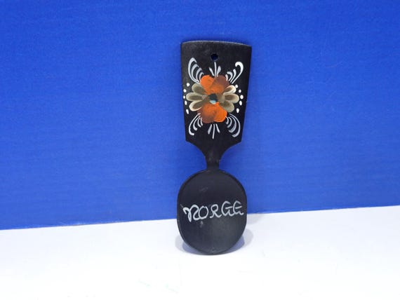 Vintage Black Wood Norwegian Wall Hanging Spoon with Rosemaling