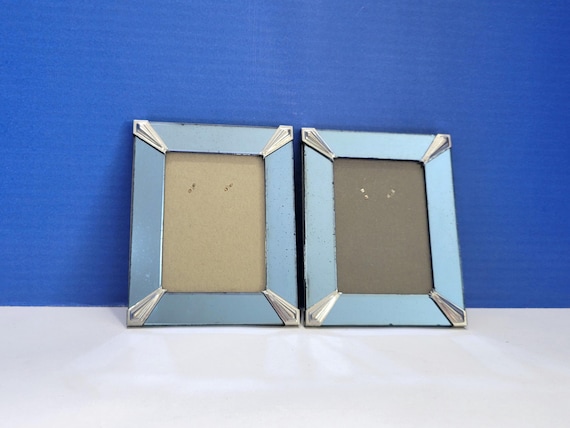 Pair Antique Art Deco Blue Mirror Glass Picture Frames 3.5 x 2.5