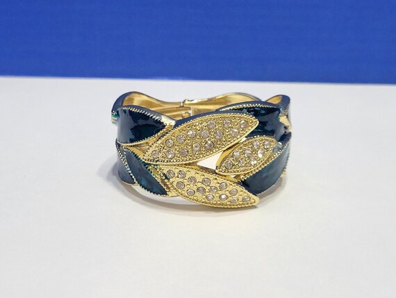 Vintage Turquoise Leaf Enamel Clamper Bangle Statement Bracelet