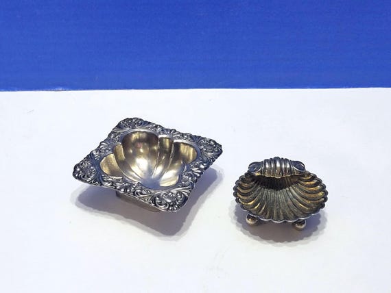 Antique Silverplated Salt Cellars Square and Shell Shaped Pair