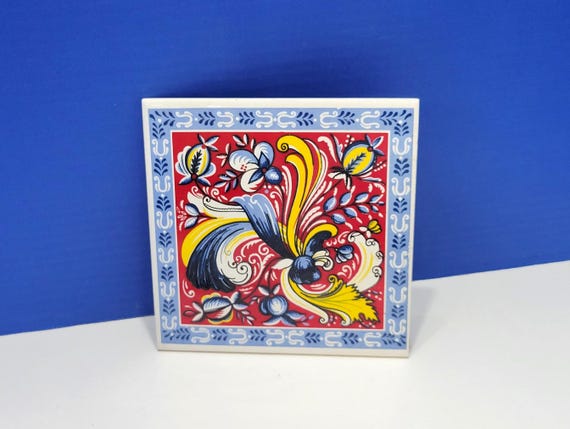 Vintage Scandinavian Trivet Tile Multicolor Rosemaling Metropolitan Federal