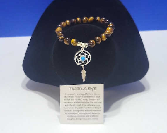 Vintage Natural Tiger's Eye Beaded Bracelet with Dream Catcher Charm