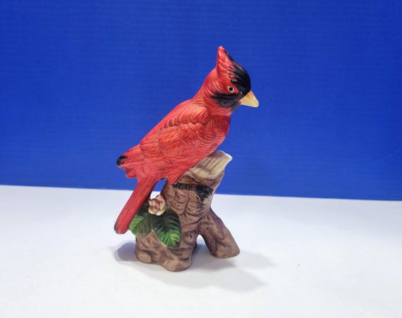 Vintage Red Cardinal Bird on Branch Ceramic Figurine