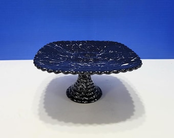 Alzata per torta in vetro nero vintage con coriandoli di LE Smith