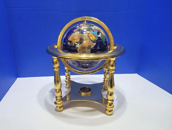 Vintage Rotating Lapis Globe with Semiprecious Gemstones in Brass Compass Stand