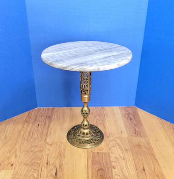 Vintage Stone Top End Table with Ornate Brass Filigree Base