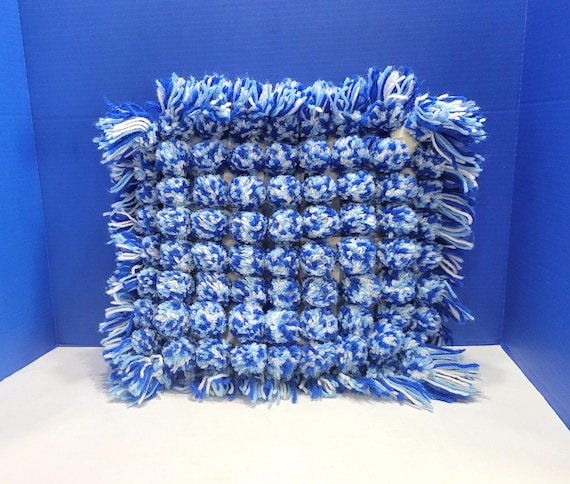 Vintage Blue Yarn Pom Pom Square Throw Pillow