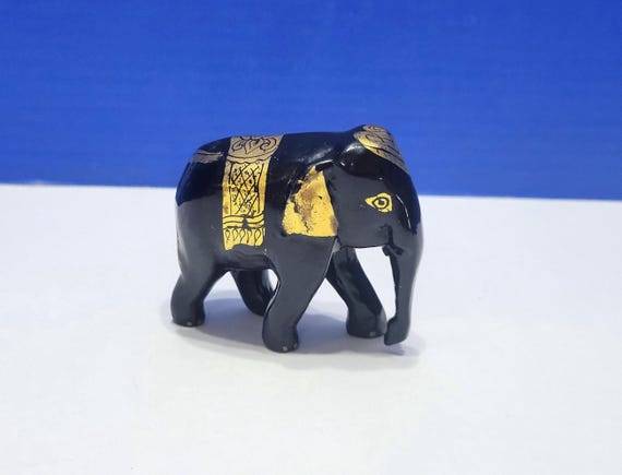Vintage Black Lacquer Elephant Figurine with Gold Gilt