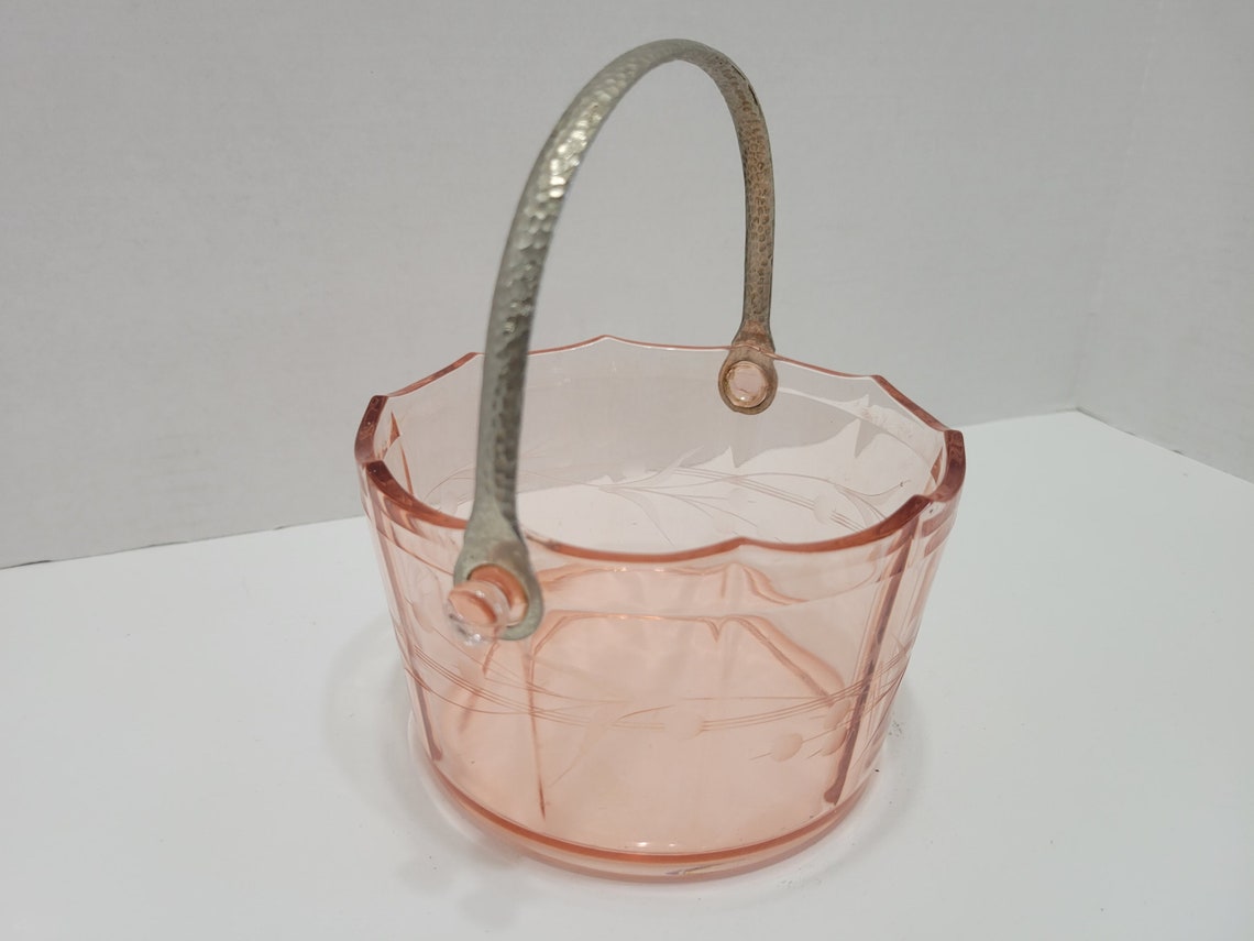 Vintage Pink Depression Glass Ice Bucket Etched Floral Etsy