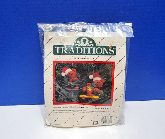 Vintage Traditions Felt Christmas Ornaments Kit Bears with Skateboard and Wreath