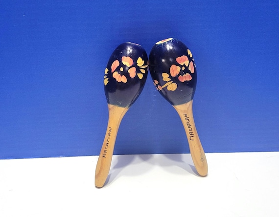 Pair Vintage Blue Wood Mini Maracas from Mazatlan, Mexico