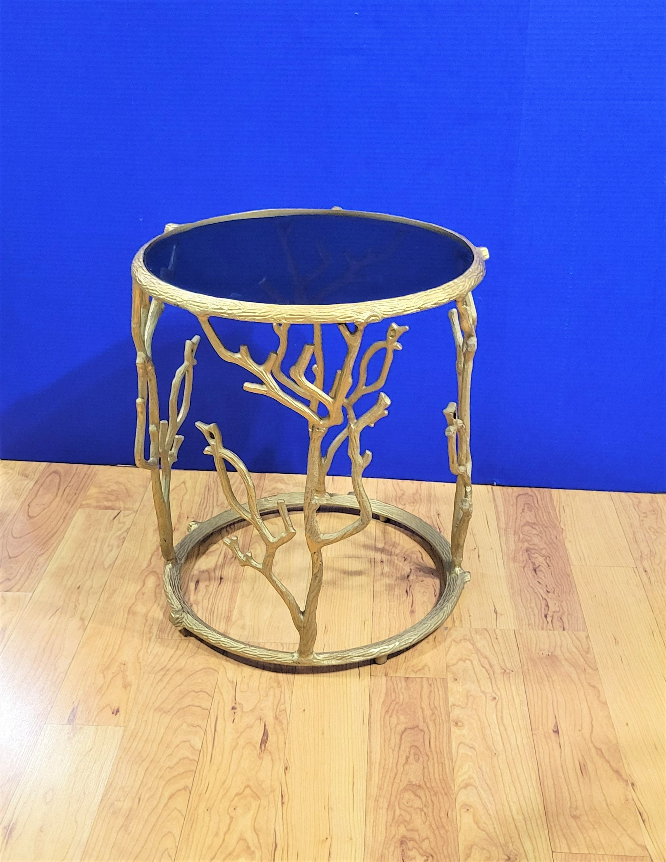 Vintage Gold Metal Tree Branch Table with Smoky Glass Top