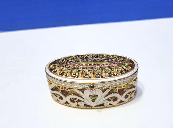 Vintage Gold Enamel Trinket Box Encrusted with Rhinestones