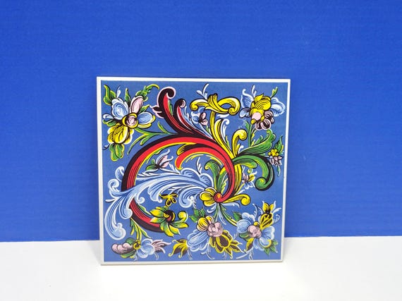Vintage Scandinavian Trivet Tile Blue Multicolored Rosemaling Metropolitan Federal